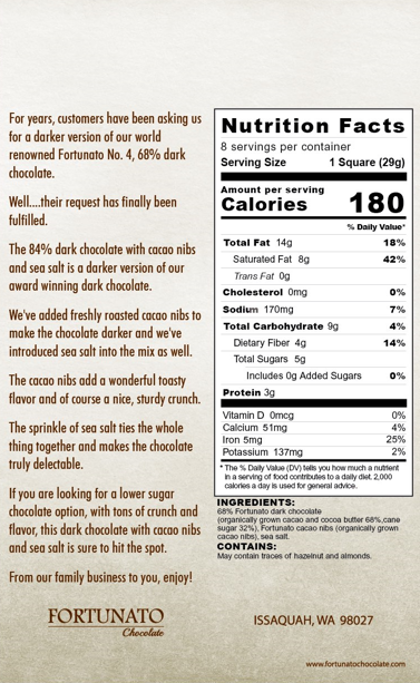 Fortunato 84% Dark Chocolate With Nibs & Sea Salt