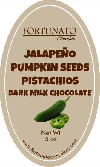 Fortunato Jalapeño, Pumpkin Seed, Pistachio 47% Dark Milk Chocolate Bar