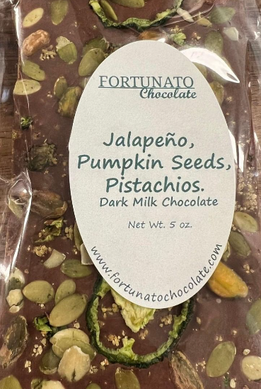 Fortunato Jalapeño, Pumpkin Seed, Pistachio 47% Dark Milk Chocolate Bar